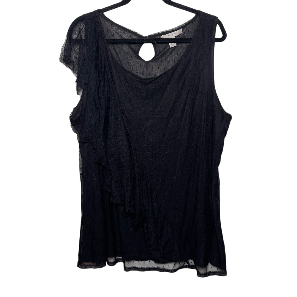 Sejour Black Sleeveless Ruffle Mesh Top